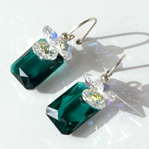 Short Drop Emerald Cut Crystal Custer Earrings - Emerald Color