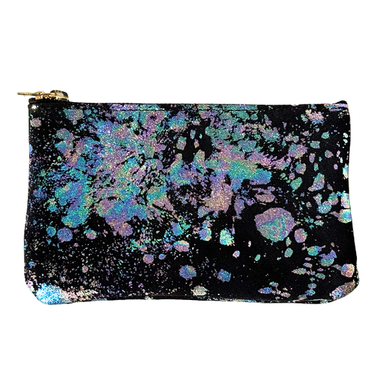 Suede Iridescent Paint Splatter Crossbody Mini Pouch