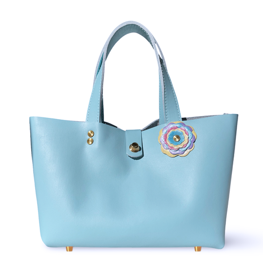 Blue Leather Tote Bag with Unicorn Flower - Bag 146