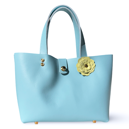 Blue Leather Tote Bag with Yellow Flower - Bag 145