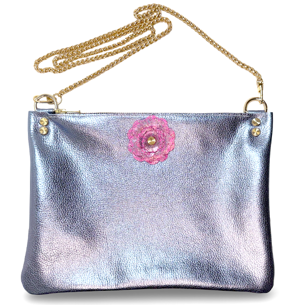 Blue Metallic Leather Ombre Sparkle Flower Crossbody – Bag 155