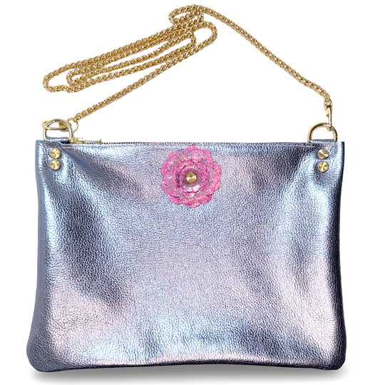 Blue Metallic Leather Ombre Sparkle Flower Crossbody – Bag 155