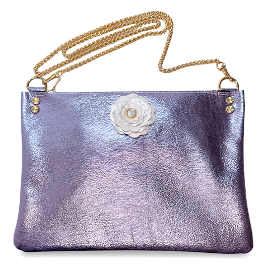 Purple Metallic Leather White Flower Crossbody with Mini Pouch – Bag 159