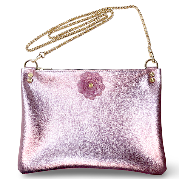 Pink Metallic Leather Sparkle Flower Crossbody – Bag 157