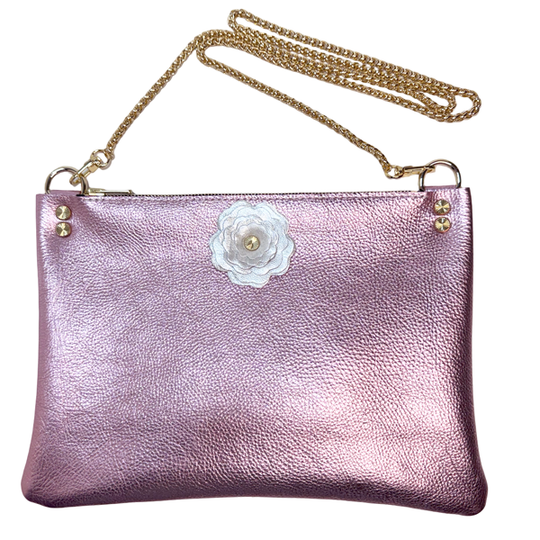 Pink Metallic Leather White Flower Crossbody with Mini Pouch – Bag 156