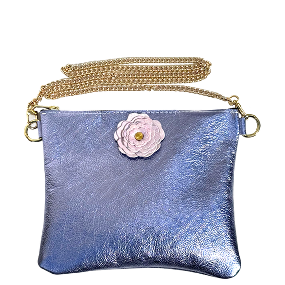 Purple Metallic Leather Crossbody Bag with Ombre Pink Flower - 144