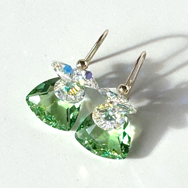 Gold Short Scroll Design Trilliant Cut Cluster Crystal Earrings - Peridot Color