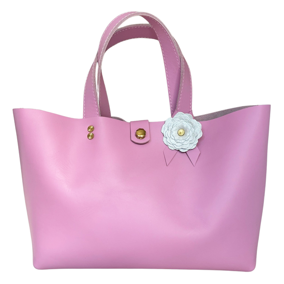 Perfect Pink Leather Classic Tote Bag with White Flower - Bag 136