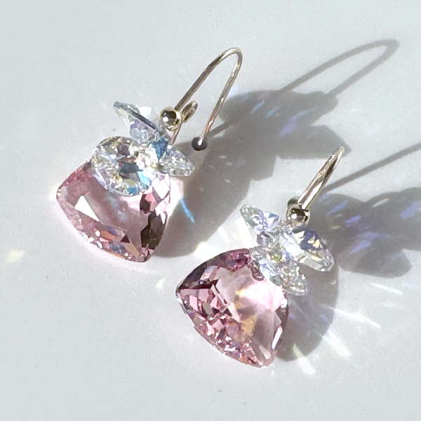 Gold Short Scroll Design Trilliant Cut Cluster Crystal Earrings - Rose Color