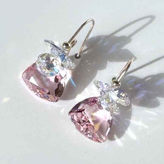 Gold Short Scroll Design Trilliant Cut Cluster Crystal Earrings - Rose Color