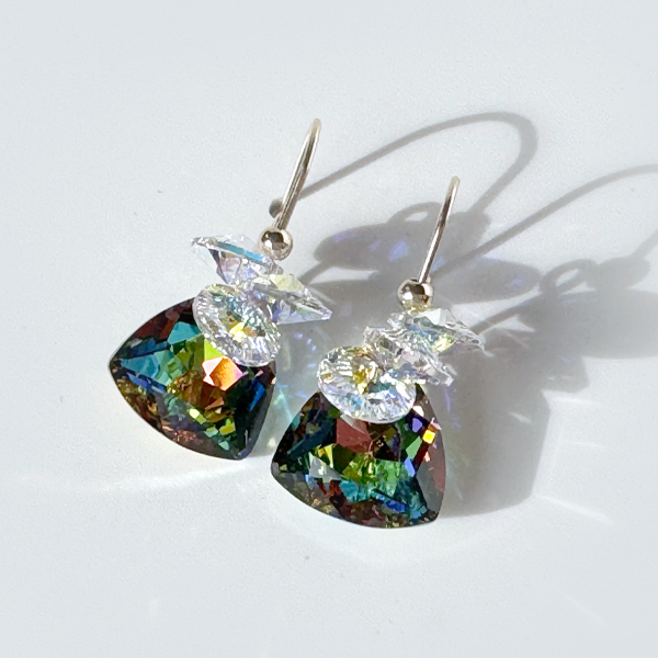 Gold Short Scroll Design Trilliant Cut Cluster Crystal Earrings - Rainbow Color