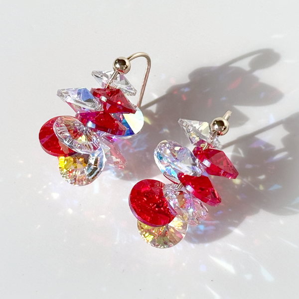 Mini Crystal Cluster Short Dangle Earrings - Holiday Colors in Red