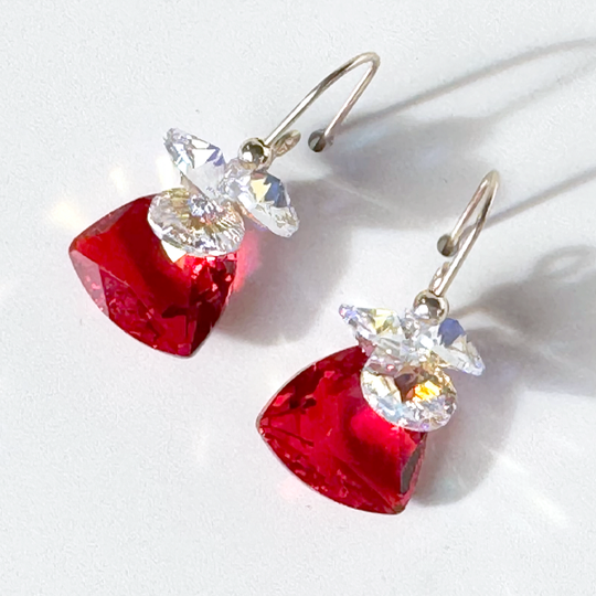 Gold Short Scroll Design Trilliant Cut Cluster Crystal Earrings - Red Color