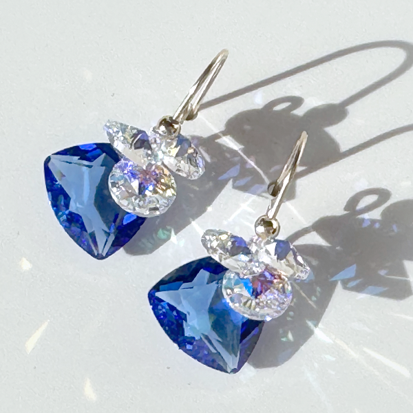 Gold Short Scroll Design Trilliant Cut Cluster Crystal Earrings - Sapphire Color