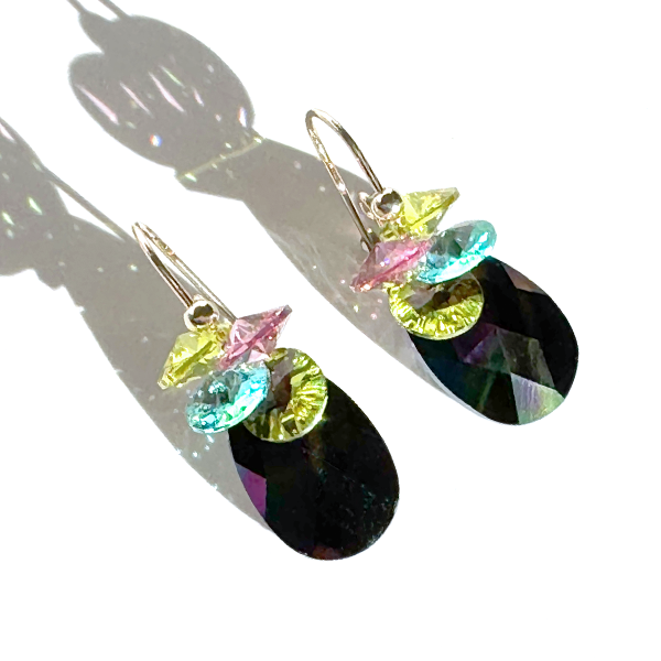 Dark Rainbow Crystal Cluster Earrings - Short Length