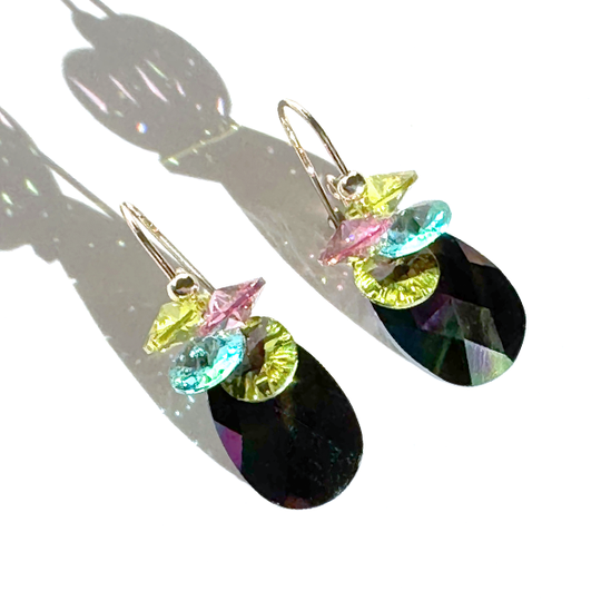 Dark Rainbow Crystal Cluster Earrings - Short Length