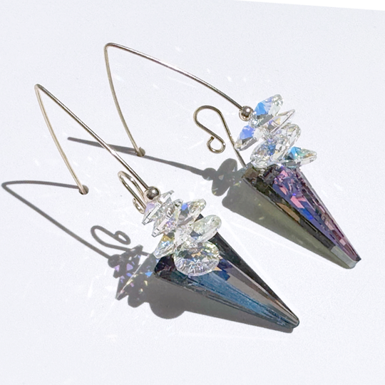 Elegant Scroll Design Large Spike Crystal Cluster Earrings - Argentium Silver or Gold Filled