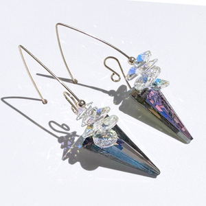Elegant Scroll Design Large Spike Crystal Cluster Earrings - Argentium Silver (purple iridescence)