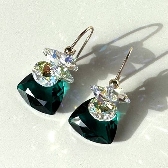 Gold Short Scroll Design Trilliant Cut Cluster Crystal Earrings - Emerald Green Color
