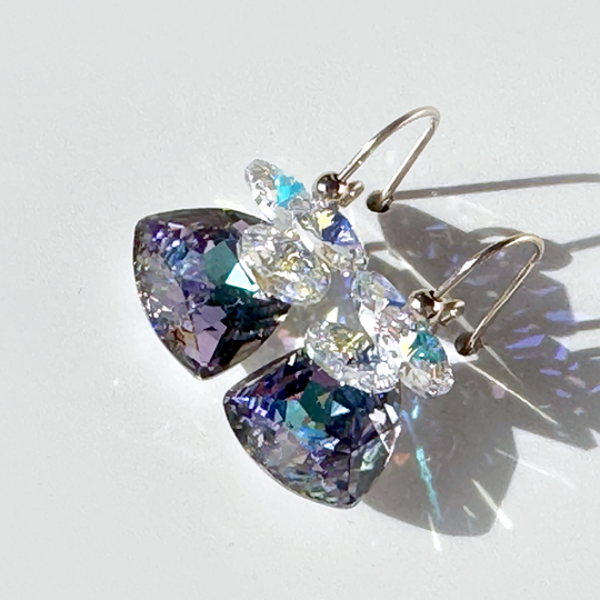 Gold Short Scroll Design Trilliant Cut Cluster Crystal Earrings - Unicorn Color