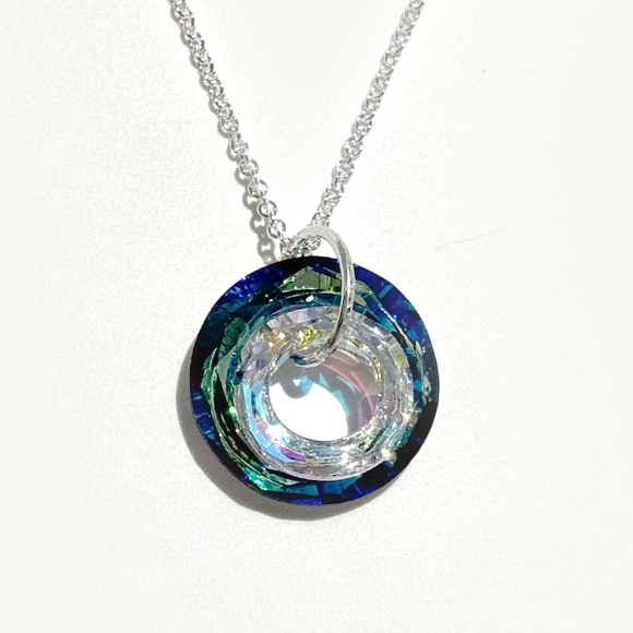 Argentium Silver Duo Circular Crystal Pendant Necklace  | MONOLISA Jewelry Collection By Artist Lisa Ramos