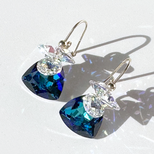 Gold Short Scroll Design Trilliant Cut Cluster Crystal Earrings - Unique Blue Color