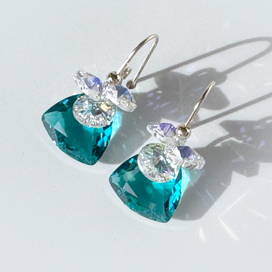 Gold Short Scroll Design Trilliant Cut Cluster Crystal Earrings - Zircon Color