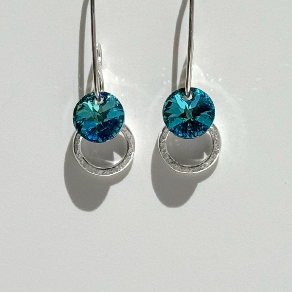 Versatile Argentium Silver Crystal Dangle Mini Hoop Collection - Color Unique Blue