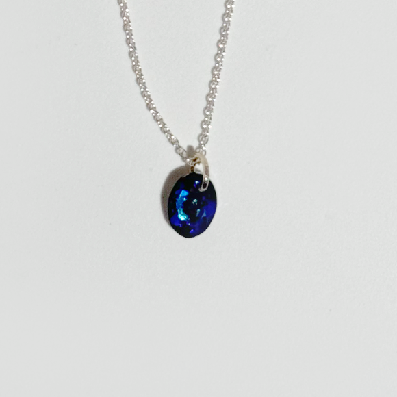 14 Karat Gold Dainty Blue Crystal Pendant with Sterling Chain