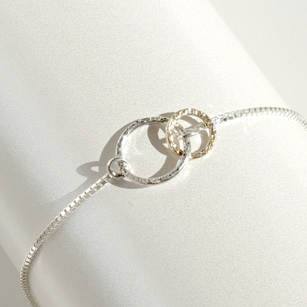 Adjustable 14 Karat Gold and Sterling Silver Textured Rings Bracelet