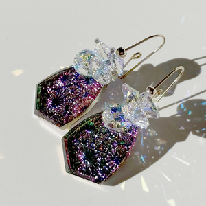 Modern Glass Crystal Cluster Earrings - Purple Green