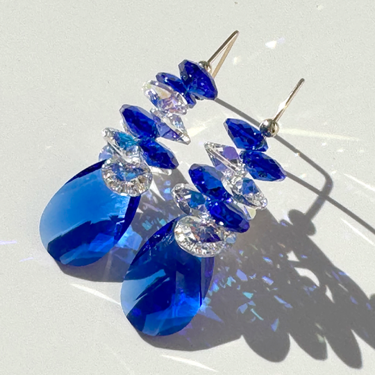 Large Shimmering Pear Crystal Cluster Earrings II - Blue Color