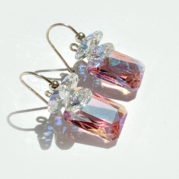 Short Drop Emerald Cut Crystal Custer Earrings - color pink