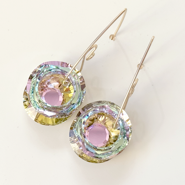 Round Purple and Green Crystal Earrings Spiral Design in 14k Gold Filled | MONOLISA Jewelry by Artist Lisa Ramos