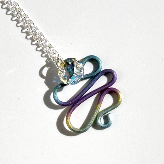 Rainbow Spiral Titanium Pendant Necklace with Iridescent Crystal | MONOLISA Jewelry by Artist Lisa Ramos