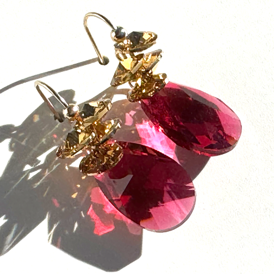 Short Drop Crystal Cluster Earrings - Holiday Collection - Red Color