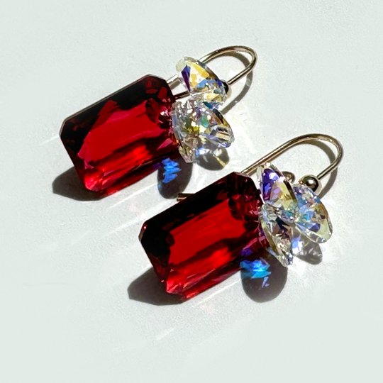 Short Drop Emerald Cut Crystal Custer Earrings  - color scarlet