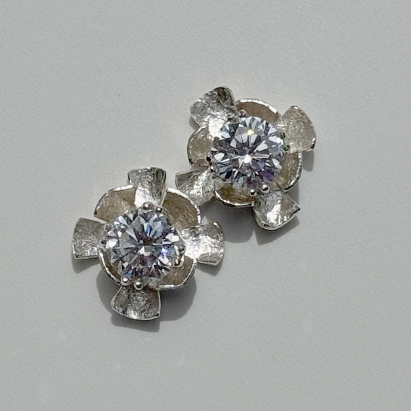 Versatile 4 Carat Gemstone Simulated Diamond Studs with Argentium Silver Flower Earring Jackets