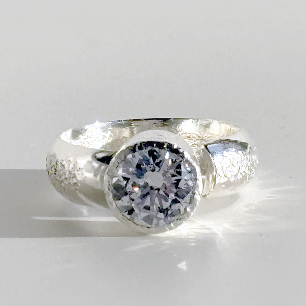 Argentium® Silver 2 Carat Simulated Diamond Gemstone Textured Ring | MONOLISA Jewelry by Artist Lisa Ramos