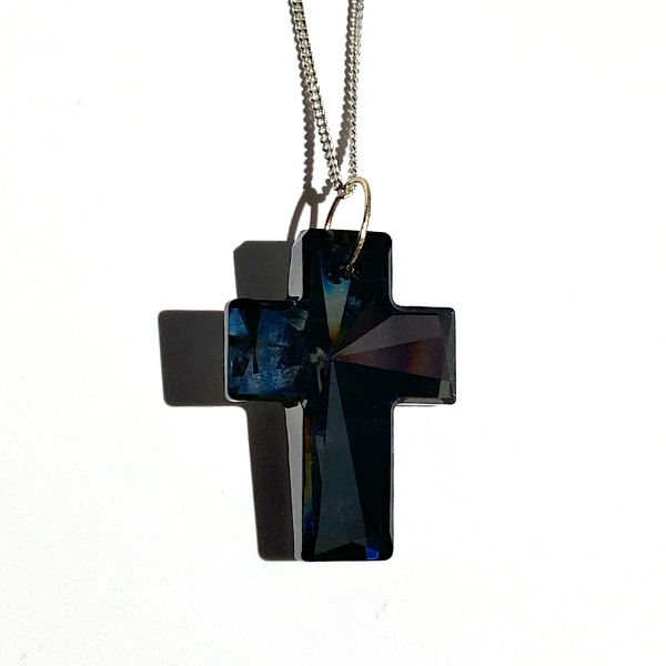14 Karat Gold Ultra Large Cross Gray Crystal Pendant with Argentium Silver Chain