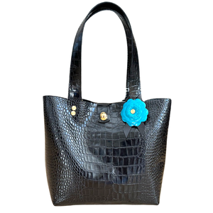 Italian Leather Small Tote Bag with Turquoise Flower - Bag 140