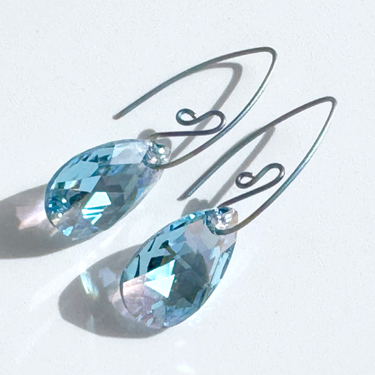 Titanium Blue Rainbow Pear Crystal Earrings