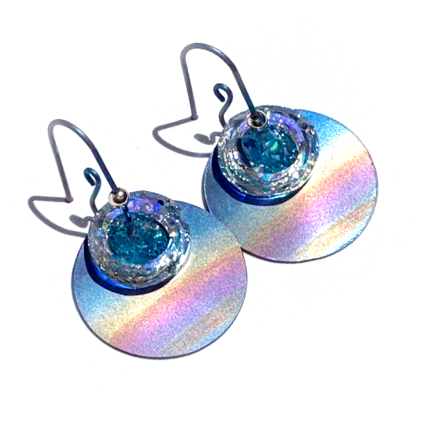 Rainbow Circular Titanium Earrings with Blue and Yellow Iridescent Crystals - handmade by Artist Lisa Ramos | MONOLISA Jewelry