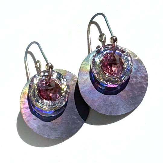 Rainbow Circular Titanium Earrings with Pink and Yellow Iridescent Crystals - handmade by Artist Lisa Ramos | MONOLISA Jewelry