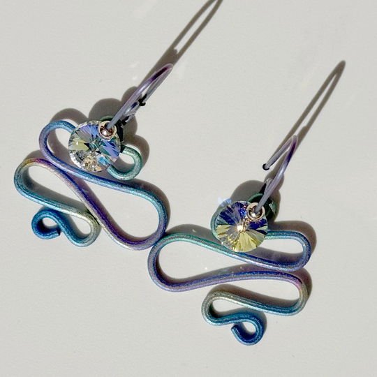 Titanium Sculpted Rainbow Crystal Earrings - Yellow Irridescent Crystal 