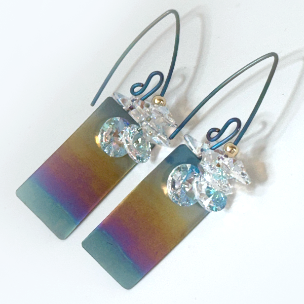 Titanium Rectangle Rainbow Cluster Crystal Earrings