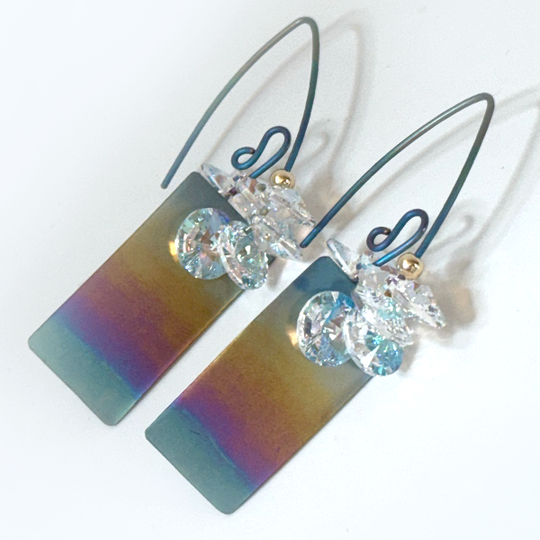 Titanium Rectangle Rainbow Cluster Crystal Earrings