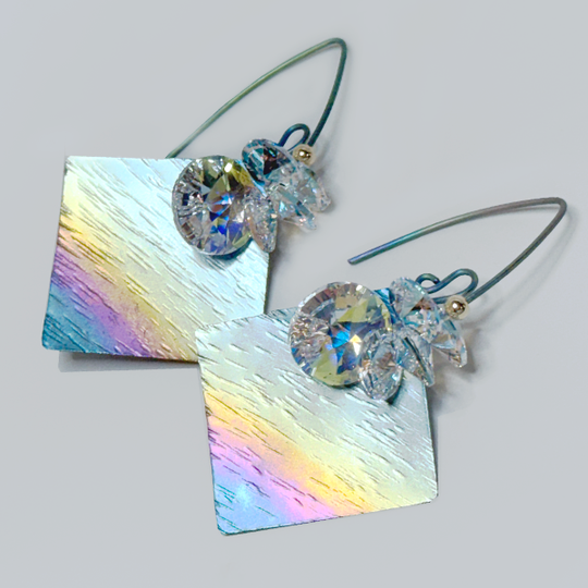 Titanium Square Rainbow Cluster Crystal Earrings