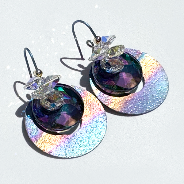Rainbow Circular Hoop Titanium Earrings with Cascading Crystals in colors purple and yellow iridescent - handmade by Artist Lisa Ramos | MONOLISA Jewelry