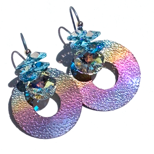 Rainbow Circular Hoop Titanium Earrings with Cascading Crystals in colors blue and yellow iridescent - handmade by Artist Lisa Ramos | MONOLISA Jewelry